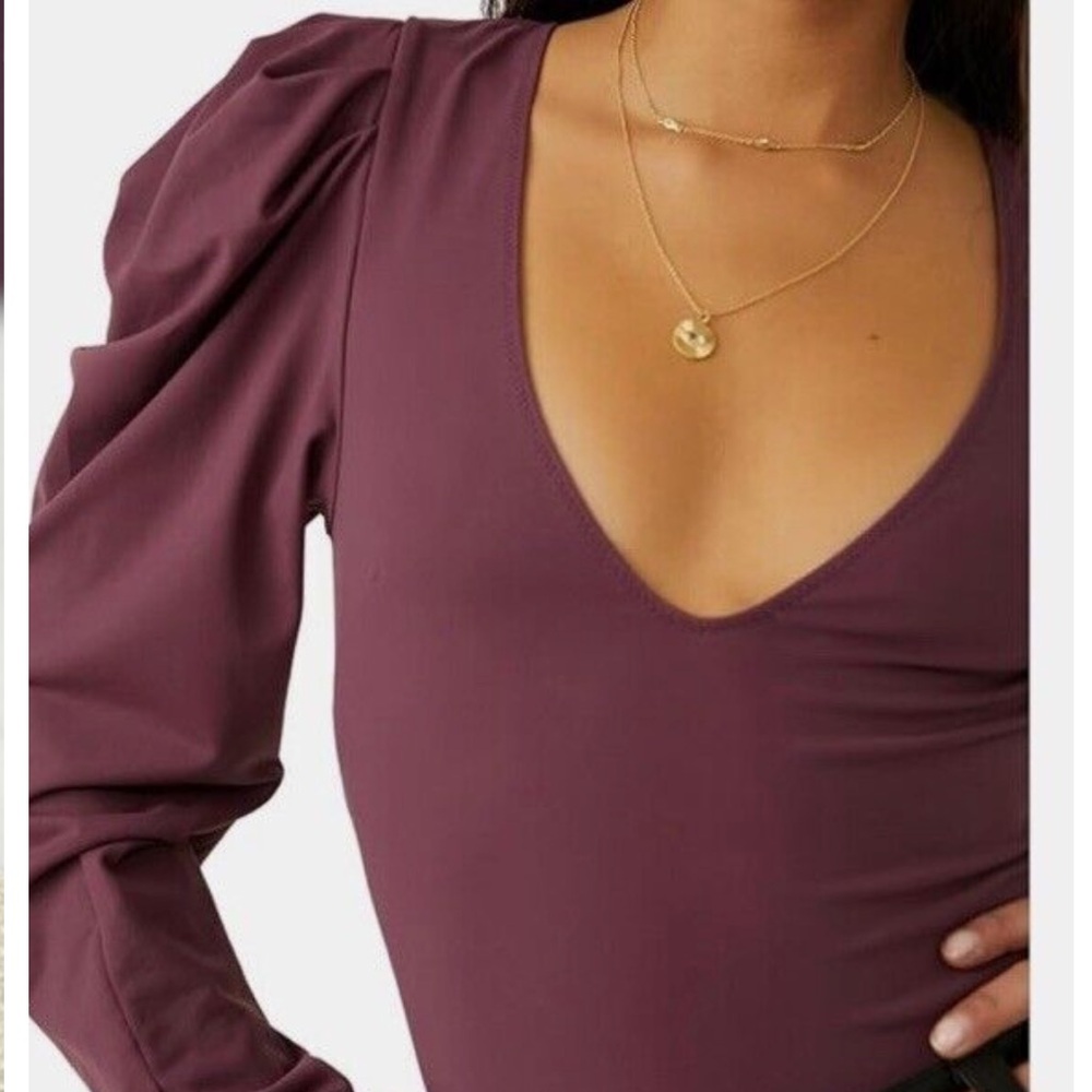 FREE PEOPLE VA VA VOOP PUFF SLEEVE  BODY SUIT LARGE WINE - Picture 2 of 7